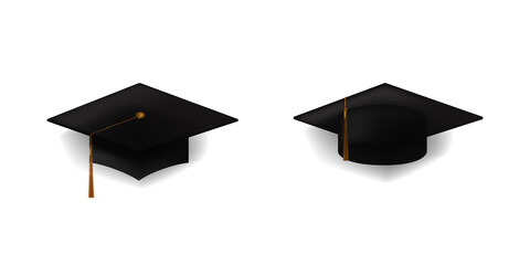 Pair of 3d realistic black graduation cap illustration for graduation party element