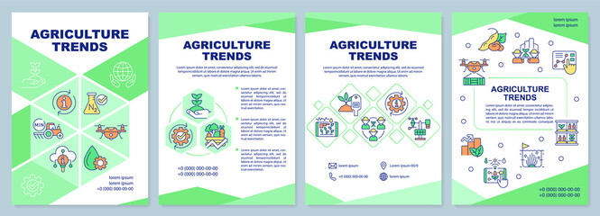 Fototapeta na wymiar Agriculture trends green brochure template. Farming growth. Leaflet design with linear icons. 4 vector layouts for presentation, annual reports. Arial-Black, Myriad Pro-Regular fonts used