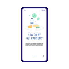 Onboarding mobile app how to provide calcium from food, vector illustration.