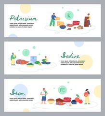 Potassium, iodine and iron food nutrient element banners vector illustration.