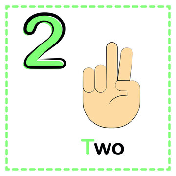 Number two vector image. Number flash card with hand sign.