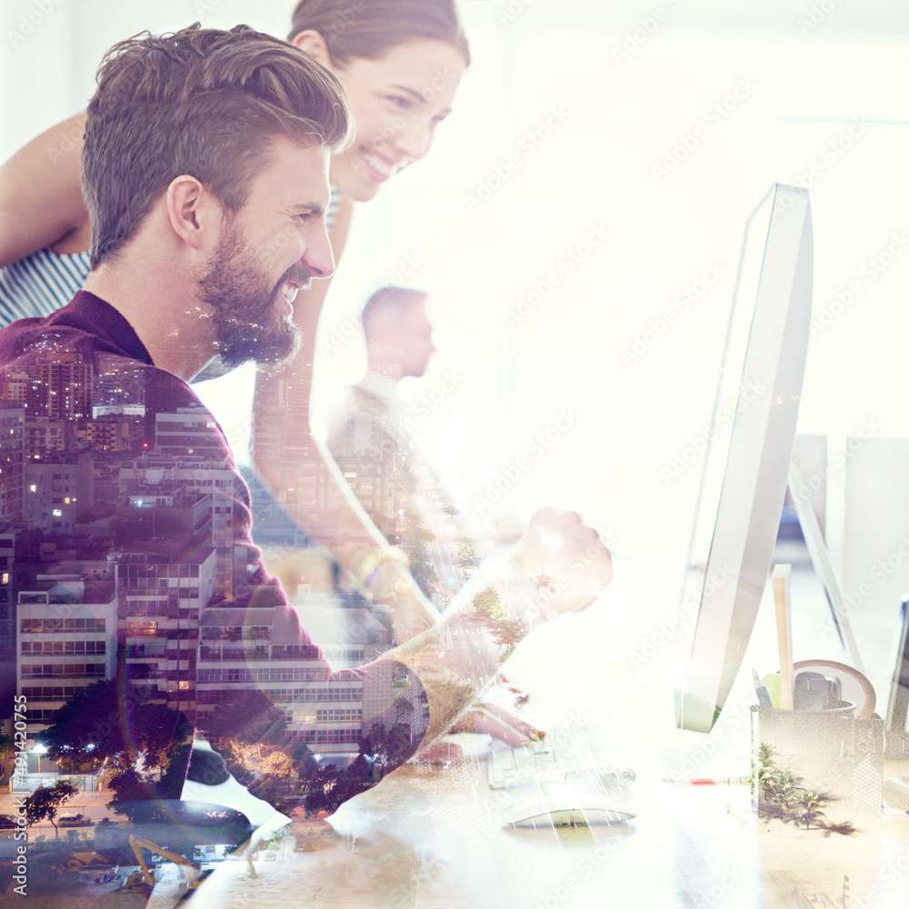 Poster Shared vision brings shared success. Multiple exposure shot of coworkers using a computer together superimposed over a city background.