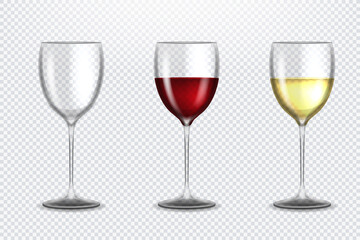 Set transparent vector wine glasses empty, with white and red wine on transparent background. Alcoholic drink. White and red wine. Vector illustration
