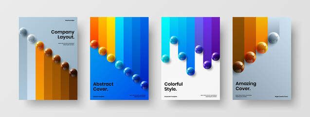 Geometric 3D spheres presentation template set. Abstract handbill design vector layout composition.