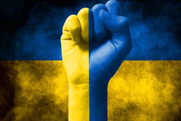 It combines Ukrainian flag and fist on the concept of communication and dialogue