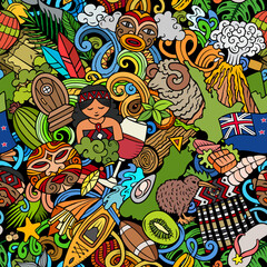 Cartoon doodles New Zealand seamless pattern.