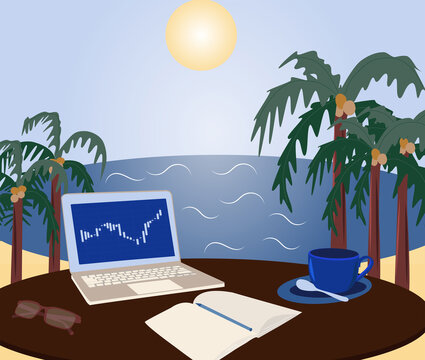 Freelance work at sea. Online trading with laptop on table