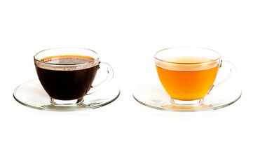 Black coffee in glass cup with hot cup of tea on white background.