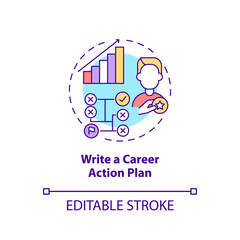 Write career action plan concept icon. Step to find right occupation abstract idea thin line illustration. Gaining skills. Isolated outline drawing. Editable stroke. Arial, Myriad Pro-Bold fonts used