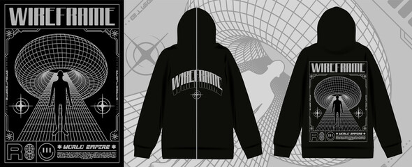 Modern poster with text "wireframe", a large mesh sphere and an alien descending to the bottom. In Techno style, print for streetwear, for t-shirts, hoodies, and sweatshirts. Isolated on black backgro