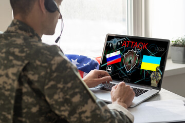 cyber attack with russian flag on ukraine, icons