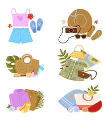 Set of travel stuff vector illustration. Various luggage bags, suitcases, cosmetics, clothes. Vacation, holiday. Hand drawn vector set.