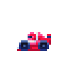 Racing car, sportcar. Pixel art icon. Red automobile. Stickers design. 8-bit sprite. Isolated vector illustration.  