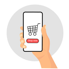 Illustration vector graphics flat design of, hands holding smartphone with online shop with on screen. Perfect for mobile application concept