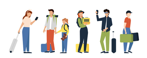 Set of tourist with laggage and handbag. Tourists travel with suitcases and bag. Vector illustration for trip, airport, travel, queue concept