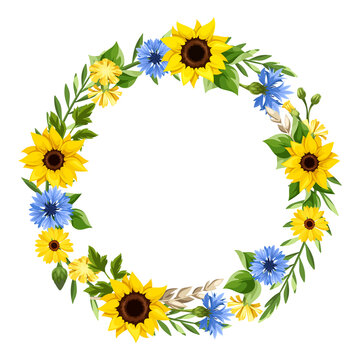 Vector floral wreath with blue and yellow sunflowers, cornflowers, dandelion flowers, ears of wheat, and green leaves. Floral circle frame. Greeting or invitation card design