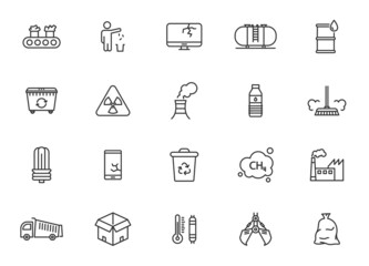 Trash plastic line icon bag. Paper can vector bottle outline icon. Waste bin rubbish cardboard container ecology symbol