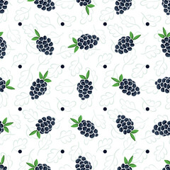 Vector seamless pattern with blackberries on white foliate background; perfect for wrapping paper, packaging, invitations, posters, banners and other design. - 491423595