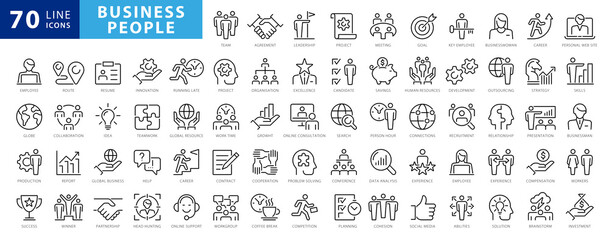 Business people line icons set. Businessman outline icons collection. Teamwork, human resources, meeting, partnership, meeting, work group, success, resume - stock vector