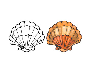 210_marine inhabitants_shell, brown, colorful drawing, white and black, marine life, cartoon, on a white background, coloring book