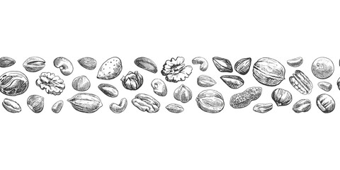 Set nuts. Seamless border. Hand drawn elements. Sketch almond, brazil nut, nutmeg, macadamia, cashew, pecan, peanut, pistachio, chestnut.Vector Illustration for design package, menu