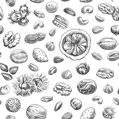 Fototapeta na wymiar Seamless pattern of nuts. Hand drawn sketch almond, brazil nut, nutmeg, macadamia, cashew, pecan, peanut, pistachio, chestnut.Vector Illustration for design package, menu
