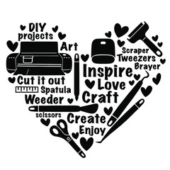 Love Crafting heart vector quotes illustration, DIY Craft tools craft room saying decor, gift for craft lovers, Hobby creation supplies SVG silhouette