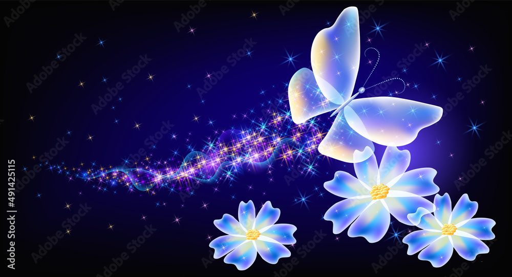 Wall mural flying transparent delightful butterfly and flowers with sparkle and blazing trail flying in sky amo