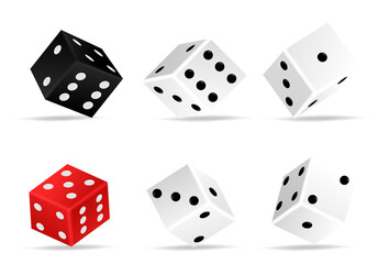 Set of isometric dice combination. Red, white and black poker cubes. White cubes with dots. Falling poker die for random choice in craps. Dice vector set