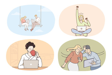 Set of diverse people use computers browse surf internet on gadget. Collection of men and women work online on laptop with wireless network. Technology concept. Vector illustration. 