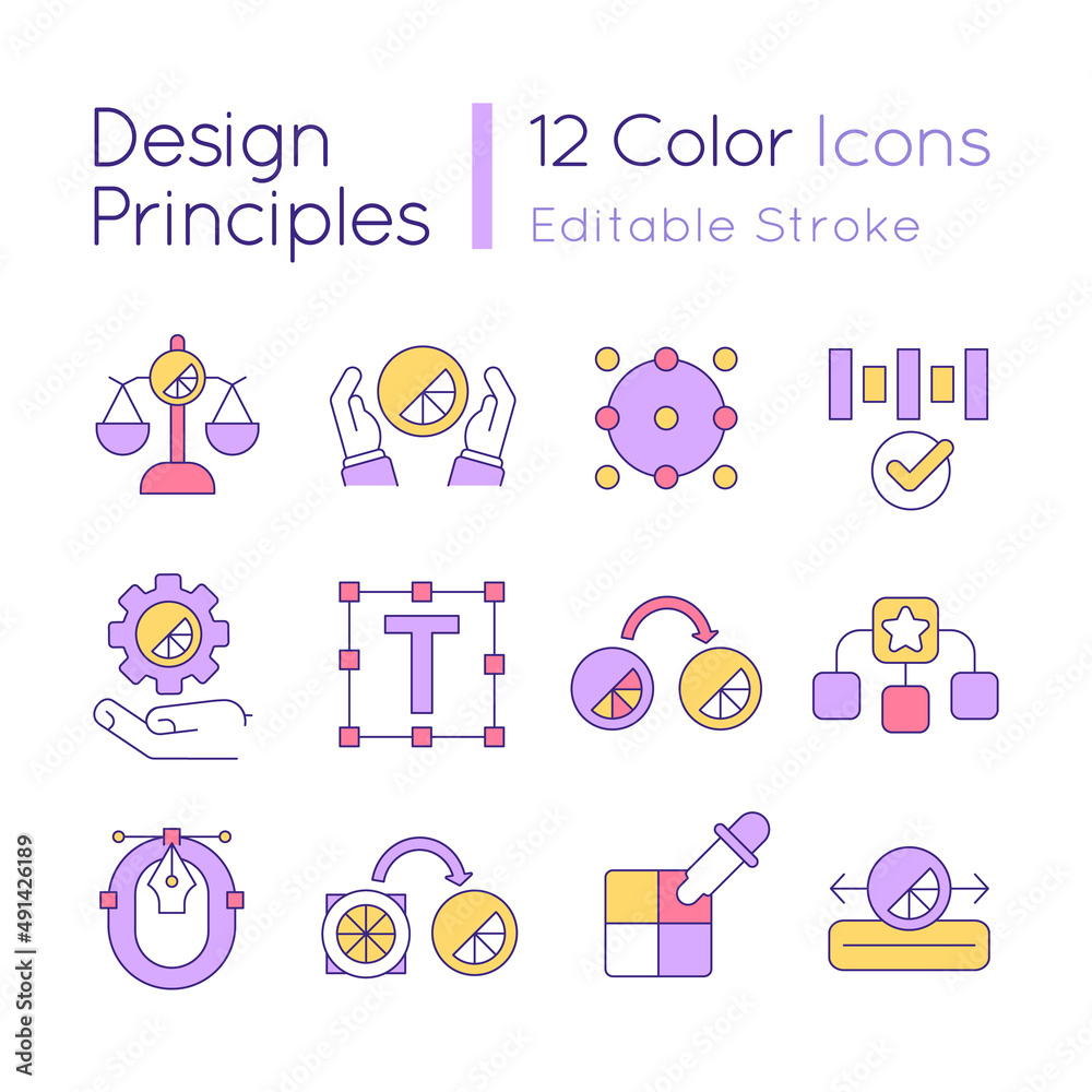 Wall mural design principles rgb color icons set. visual content for business promotion. isolated vector illust