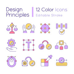 Design principles RGB color icons set. Visual content for business promotion. Isolated vector illustrations. Simple filled line drawings collection. Editable stroke. Quicksand-Light font used