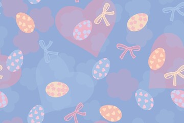 Easter seamless pattern of colorful eggs on light blue background with silhouettes of hearts and bows.