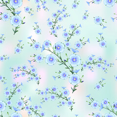 Floral arrangement of flax flowers and buds  from the stem and leaves on blue abstract background, floral print for textile, seamless pattern, EPS 10 vector