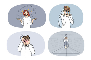 Set of upset crying people feel distressed struggle with mental or psychological problems. Collection of frustrated upset men and women stressed with depression or panic attack. Vector. 
