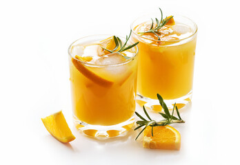 Gin with grapefruit or orange and rosemary, refreshing drink with ice isolated on white background. Refreshing summer cocktail, selective focus.