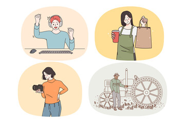 Set of diverse people professions and occupations. Collection of specialist jobs and careers. Employment. Gamer, waitress or server, photographer and farmer. Vector illustration. 