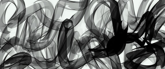 Abstract black and white background, creative random brush lines, thick flowing swirl, smooth motion smoke