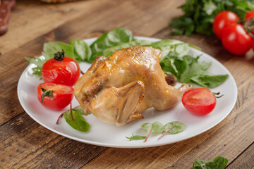 Whole fried chicken with grilled tomatoes