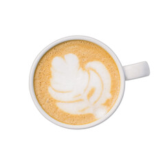 Top view. practice Homemade coffee latte art on cup isolated white background.