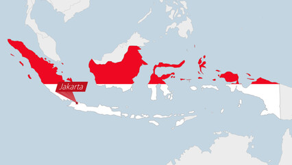 Indonesia map highlighted in Indonesia flag colors and pin of country capital Jakarta.