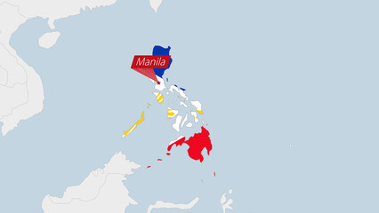 Philippines map highlighted in Philippines flag colors and pin of country capital Manila.