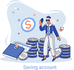 Saving account concept. Rich woman with stack of coins. Accumulation of funds, wealth, passive income. Receiving interest from keeping money, safe future. Banking services, internet payment