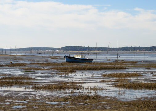 Pinasse bleue et blanche &eacute;chou&eacute;e dans le bassin d'Arcachon &agrave; mar&eacute;e basse