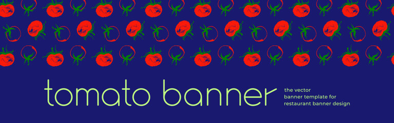 Obraz na płótnie Canvas Design of tomato banner template. Organic ingredients for healthy food concept, vegetarian food banner with red tomatoes background, eco store and farmers market. Tomato pattern for ad cooking blog.