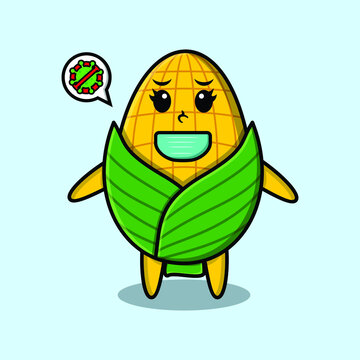 Cute cartoon mascot illustration corn using mask to prevent corona virus in cute modern style design for t-shirt, sticker, logo element, poster