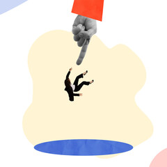 Creative design. Businesswoman falling down symbolizing failure, under opinion