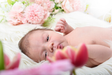 Obraz na płótnie Canvas Newborn baby girl , among beautiful flowers pink