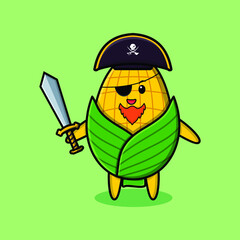 Cute cartoon mascot character corn pirate with hat and holding sword in modern design for t shirt, sticker, logo element