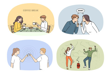 Set of happy millennial man and woman dating relaxing having fun together. Collection of smiling couple enjoy leisure weekend rest and talk. Friendship and relationship. Vector illustration. 